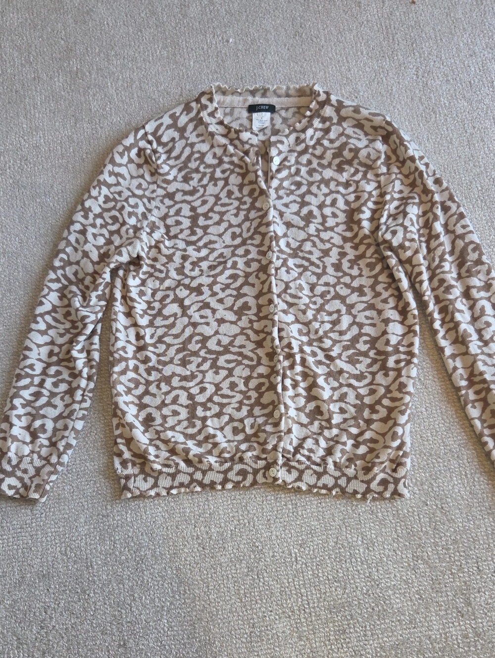 J. Crew Cream & Tan Leopard Print Cardigan Sweater Merino Wool